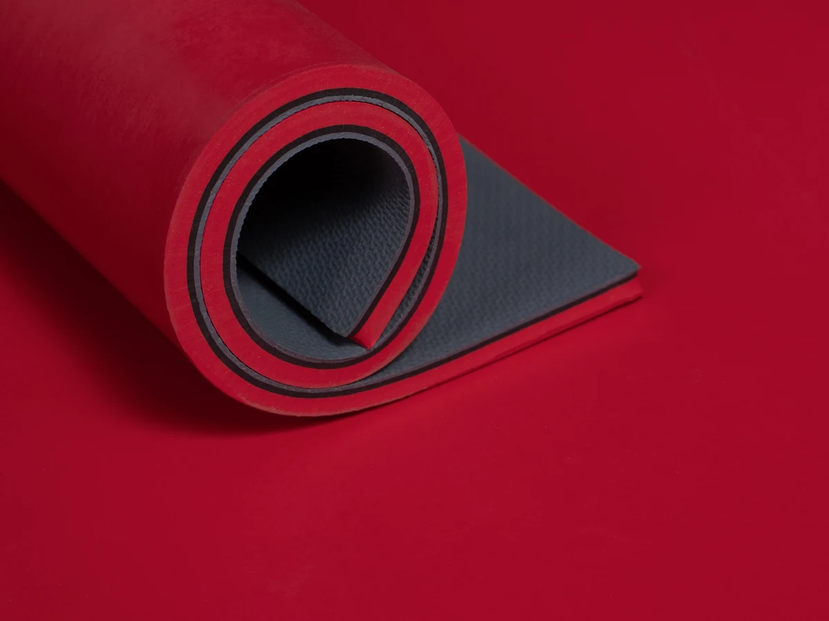 Wear-resistant — Anti-abrasion, highly elastic · red · 38 Sh A · with bonding layer (BL) (RT-AB38-RD-BL)