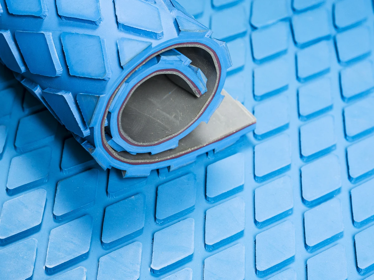 Wear-resistant — Food-grade pulley lagging, mini diamond · blue · 55 Sh A · with bonding layer (BL) (RT-LAG55-BU-DI-FG-BL)